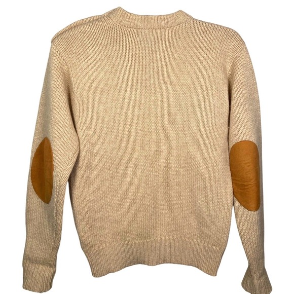 Polo Ralph Lauren Pullover M 100% Wool Rib Knit Sweater Leather Elbow Oatmeal - Picture 3 of 10